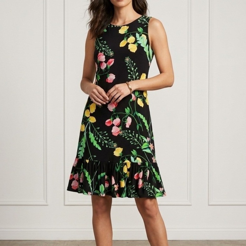 NWT Tommy Hilfiger Dress Womens 6 Black Floral Ruffle Hem Feminine Garden Party